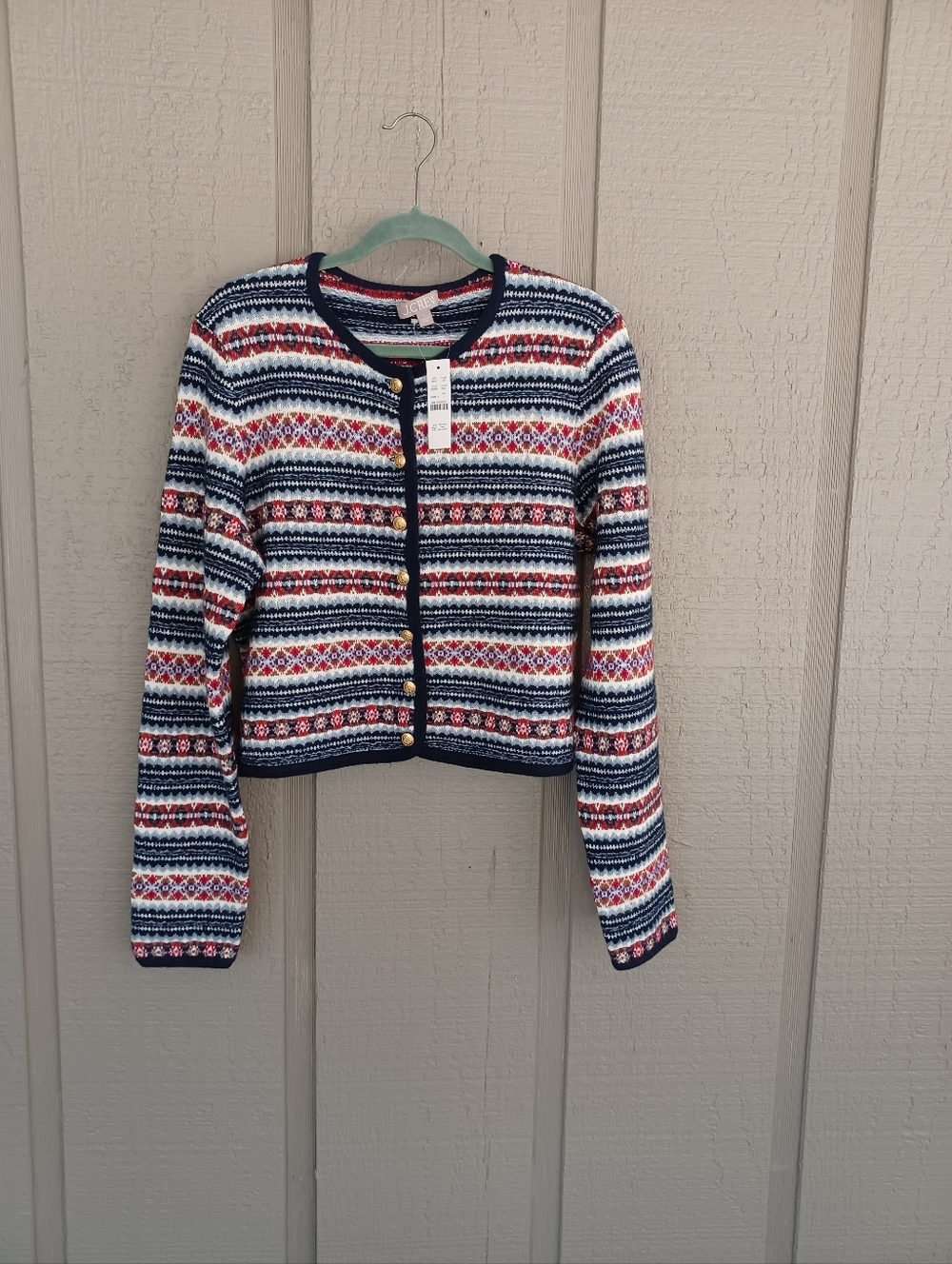 J Crew Fair Isle Lady Jacket Size L Women Long Sleeve Boiled Wool Blend Buttons
